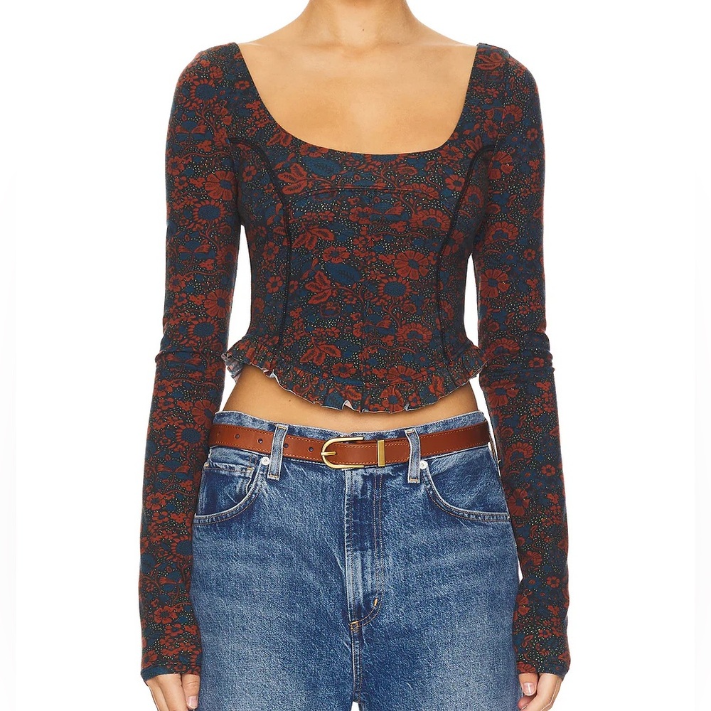 Free People blue dark red floral Melanie corset style long sleeve cropped tee XS